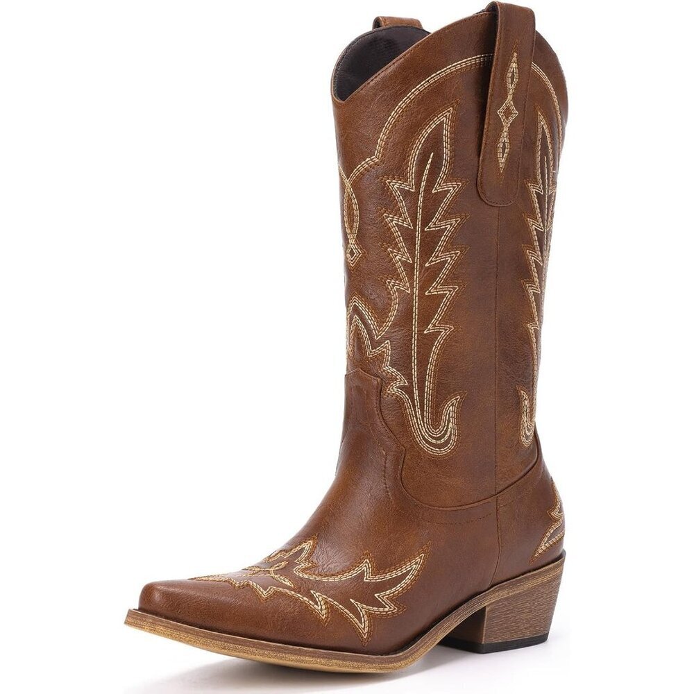 Women's Brown Cowgirl Embroidery Chunky Heel Pointed Toe Pull-On Mid Calf Boots
